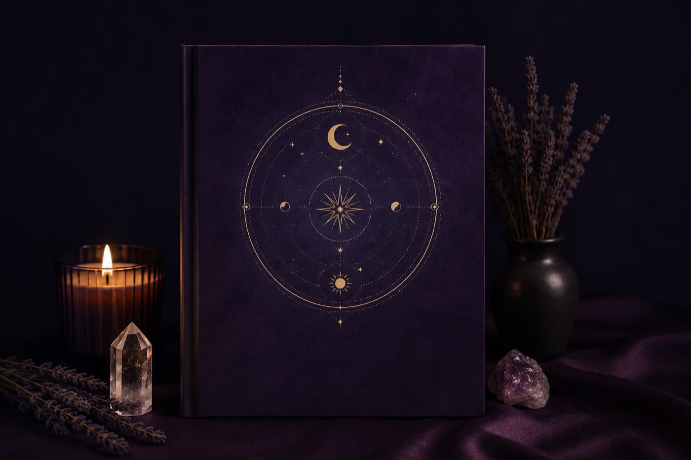 Digital dream guide: a violet book with golden celestial symbols, beside a candle, lavender and crystals